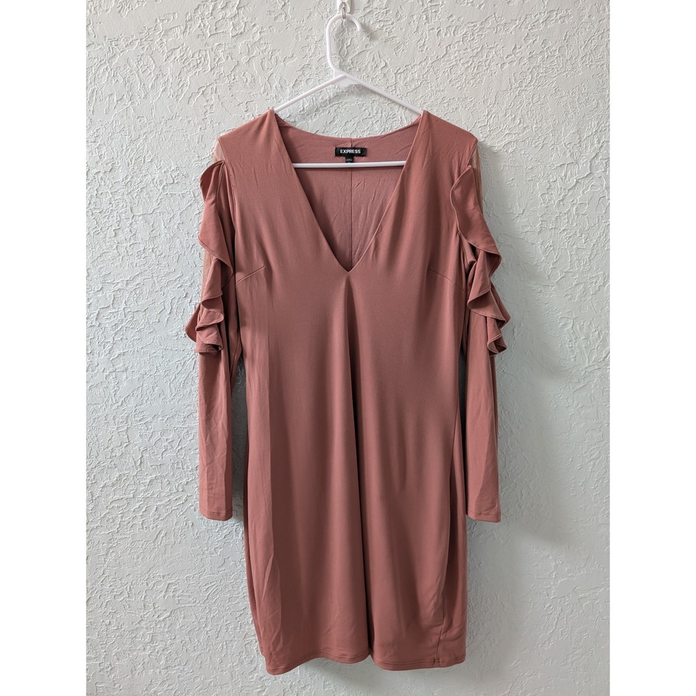 Express Dress Women Bodycon Mauve Cold Shoulder Ruffle Mesh Mini Dress M